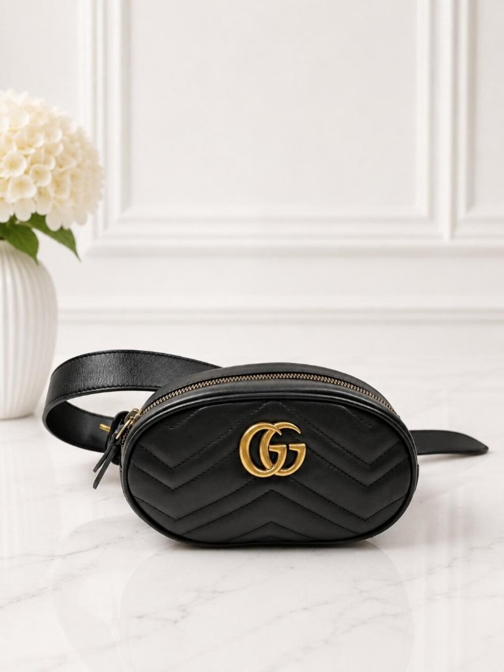 Authentic Gucci GG Marmont Black Matelasse Leather Belt Waist Crossbody Bag